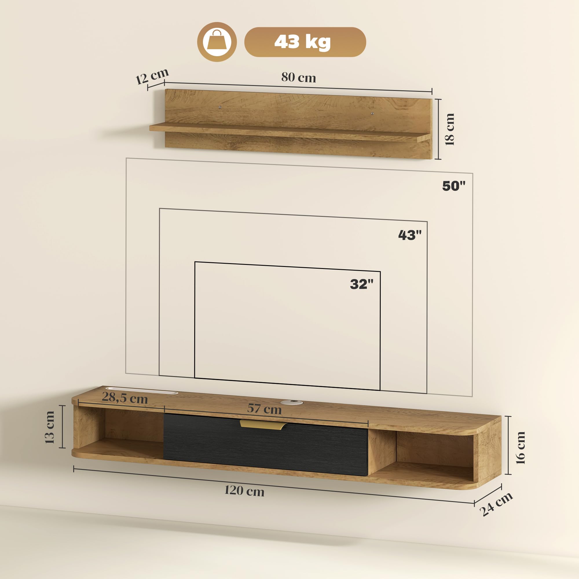 HOMCOM Ensemble de Meubles de Salon, Meuble TV avec étagère Murale, Porte, étagères Ouvertes, Trous pour câbles, pour télévision Murale, 120 x 24 x 16 cm, chêne