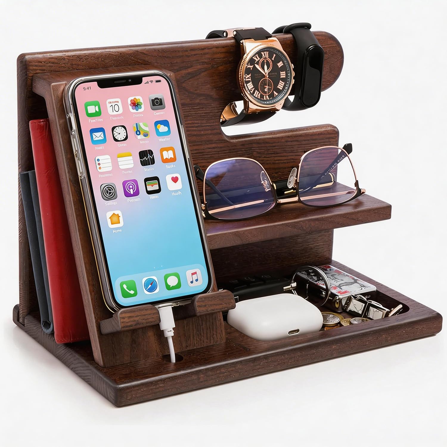 Wooden Bedside Table Organiser w/Phone Docking Station and Storage for Key