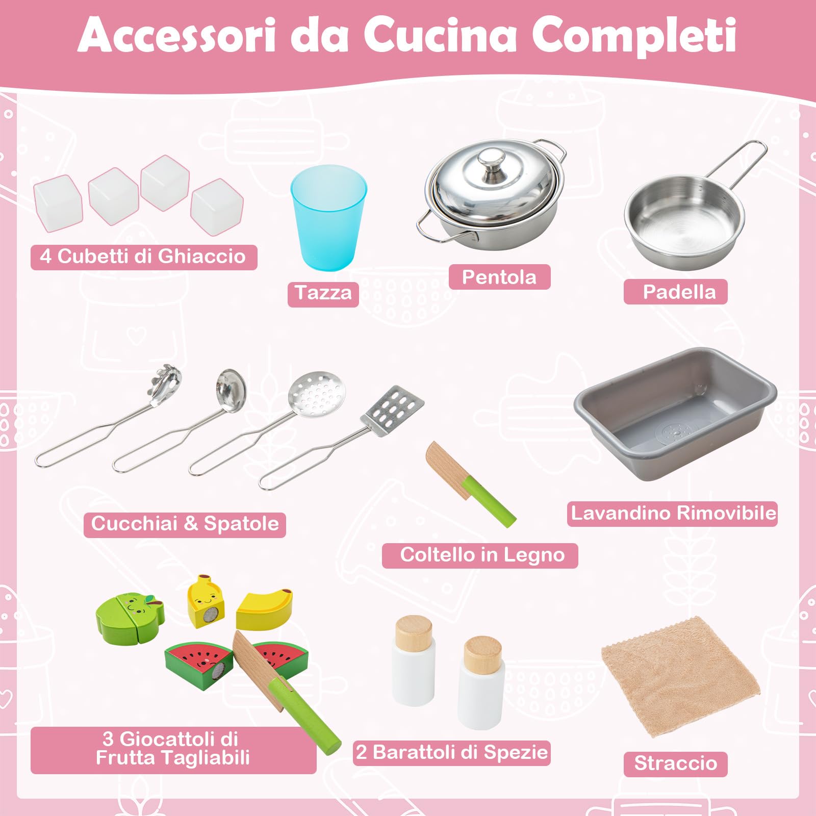 RELAX4LIFE Cucina Giocattolo per Bambini, Gioco Cucina in Legno con Microonde, Forno, Rubinetto, Lavello e 18 PCS Accessori, Mini Cucina per Bambini 3 4 5 6 Anni (Rosa)
