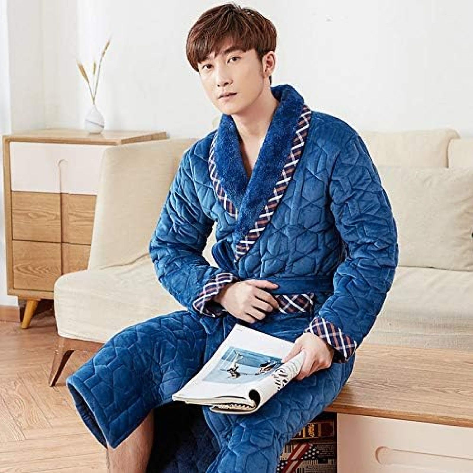 Winter Bademantel Korallen Fleece Männer Bad Robe Männer Bademantel Männer Flanell Stepp Pyjama Dicke Lange Robe Dusche Homewear,A,L