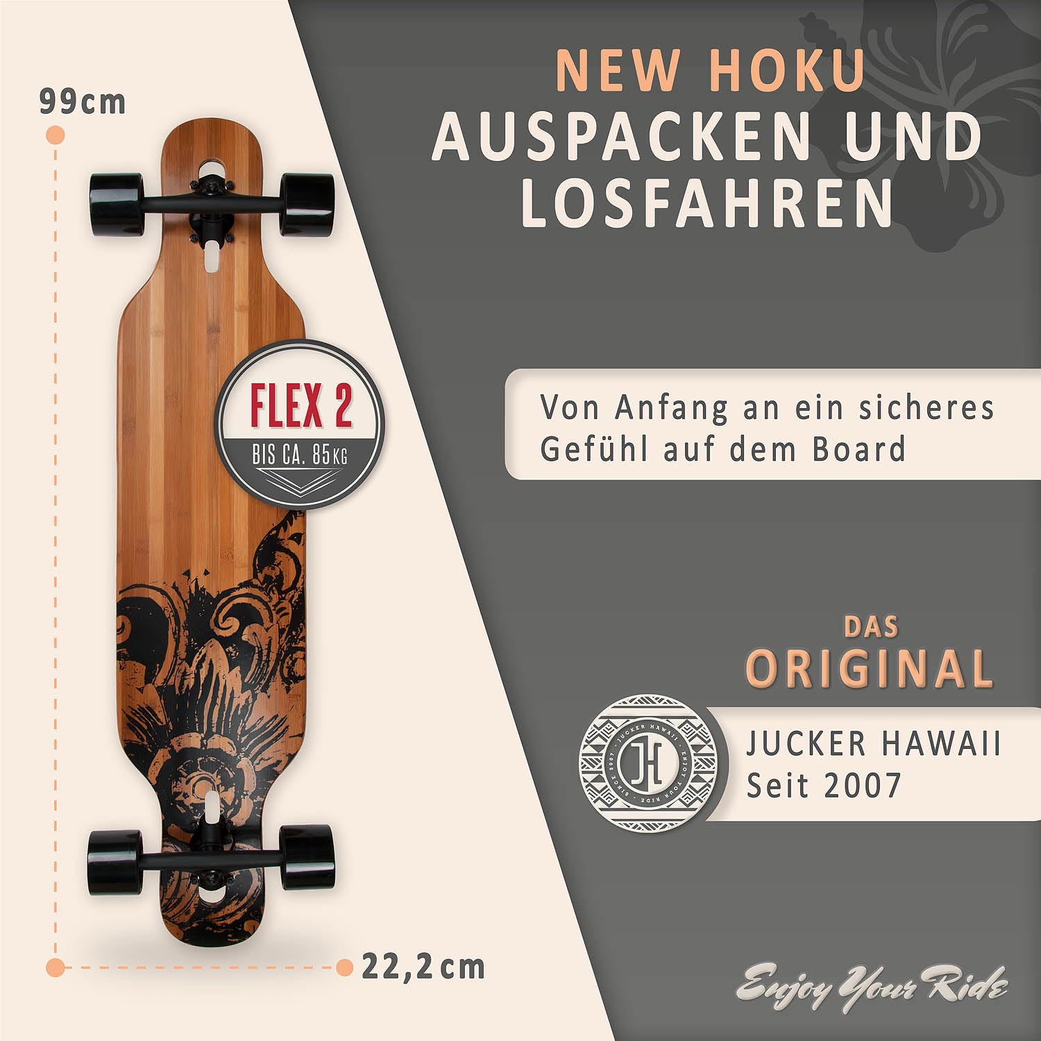 JUCKER HAWAII Longboard HOKU - Longboards en différents Designs et Niveaux de Flexion Construction en Fibre de Verre avec du Bambou et de l'érable