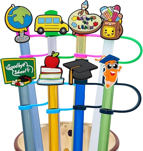 Kleeblatt Tapas de popote escolar, 8 piezas de bonitas puntas de silicona reutilizables, adornos de paja para vasos, adecuado para popotes de 14 a