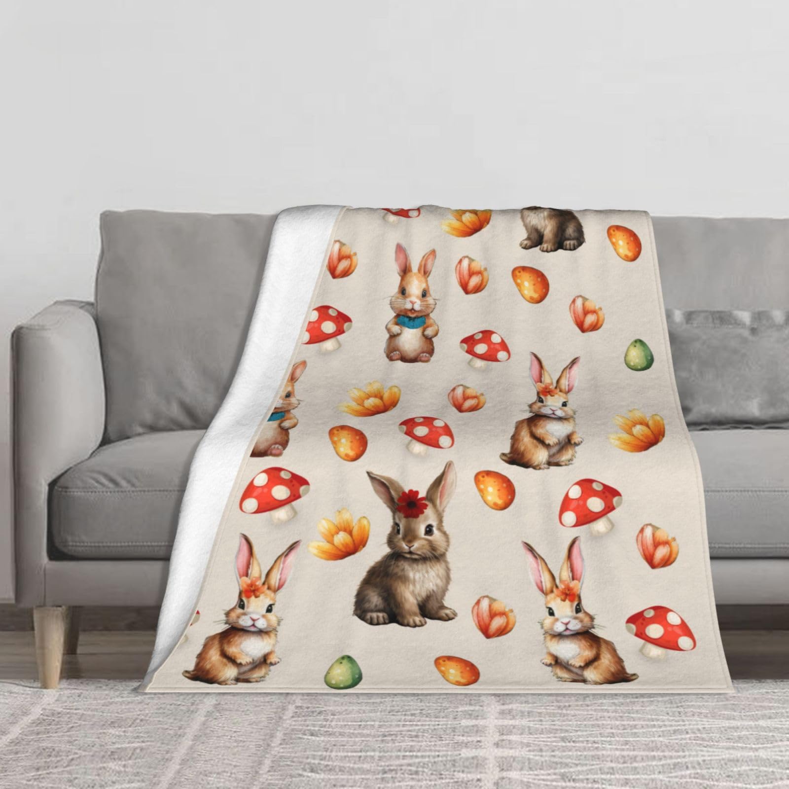 Easter Throw Blanket Mushroom Floral Colorful Eggs Soft Bunny Flannel Blankets 50"X60" for Bed Sofa Couch Camping Travel