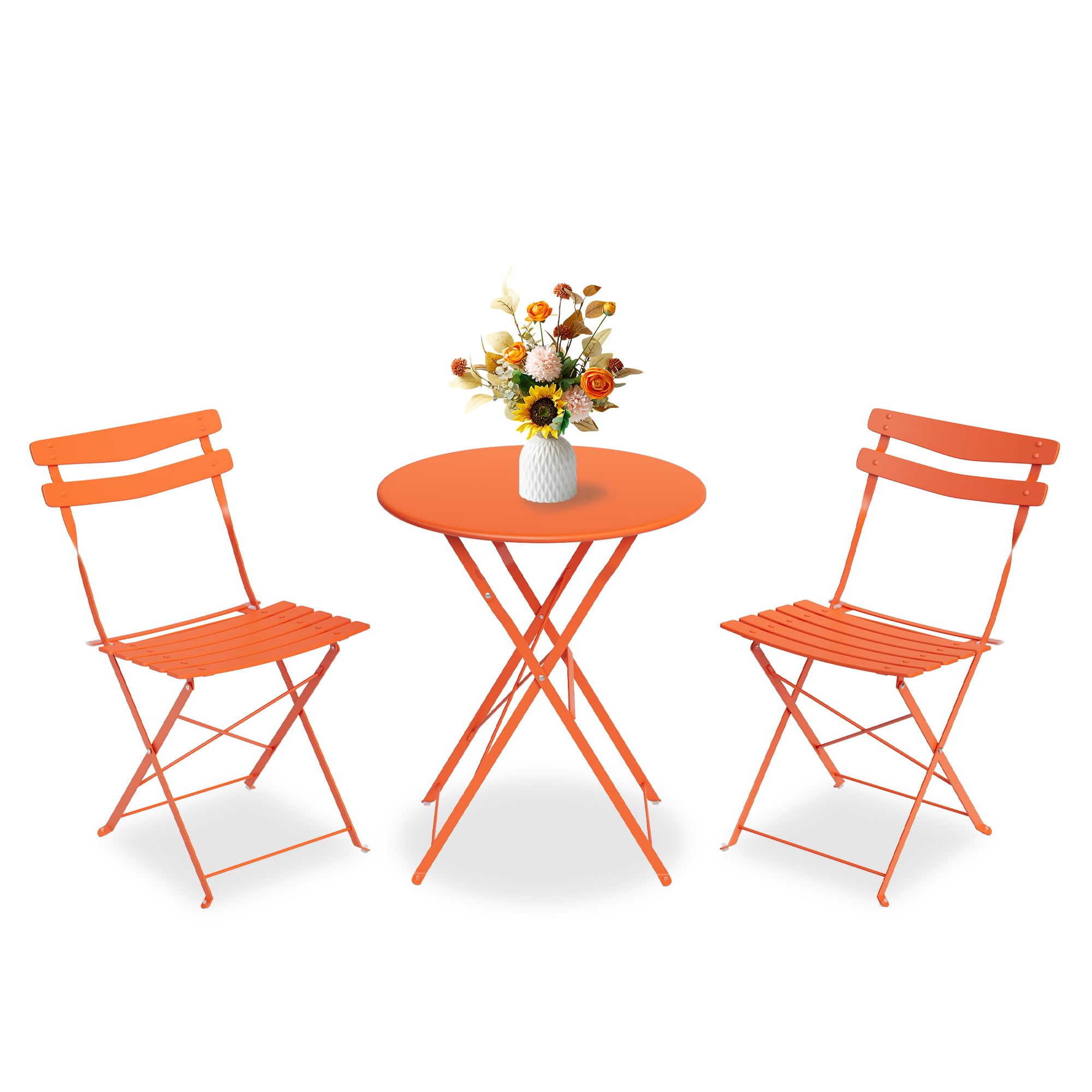 Aptliton 3 Piece Folding Metal Bistro Set,Outdoor Table and Chairs Set, Space Saving Patio Furniture with Anti-Slip Feet, No Assembly Garden Balcony Bistro Set,Orange