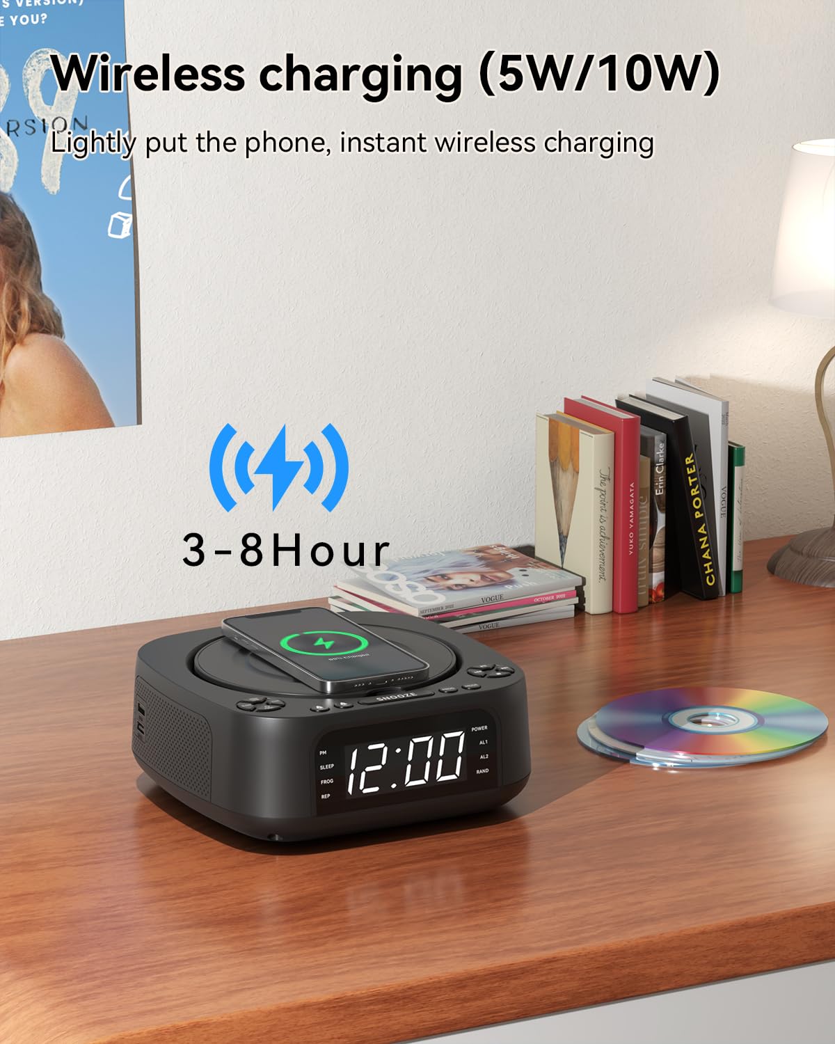 MONODEAL CD Player Tragbar mit Wireless Charger für Telefon, Tragbarer CD Player Bluetooth und FM Radio Für Zuhause, Fernbedienung,Groß Display, Wecker, SleepTimer