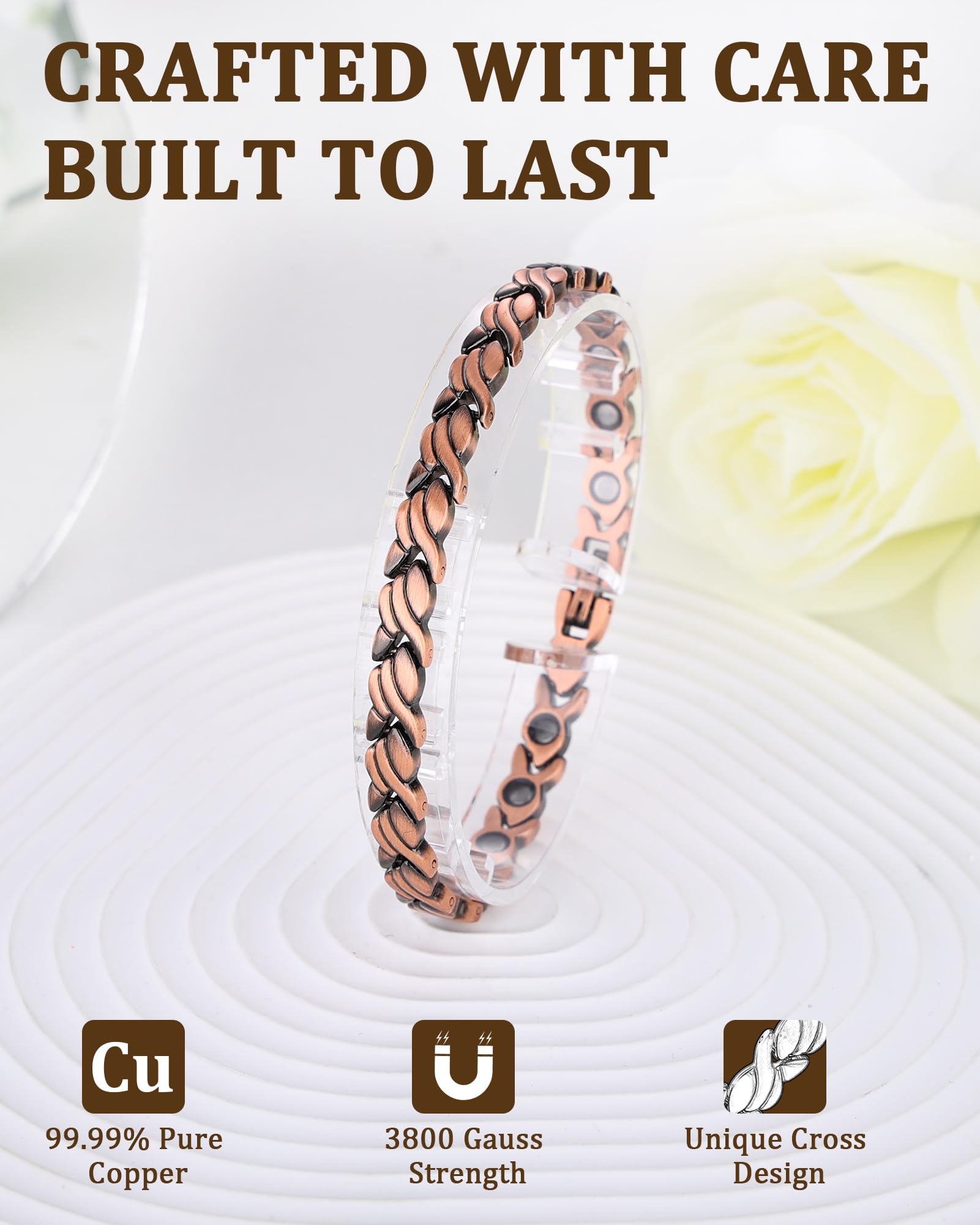 Juego de pulsera y anillo magnético de cobre puro al 99,99 % para mujer, diseño de alambre de corazón, joyería ajustable con imanes de 3800 Gauss, elegante caja de regalo