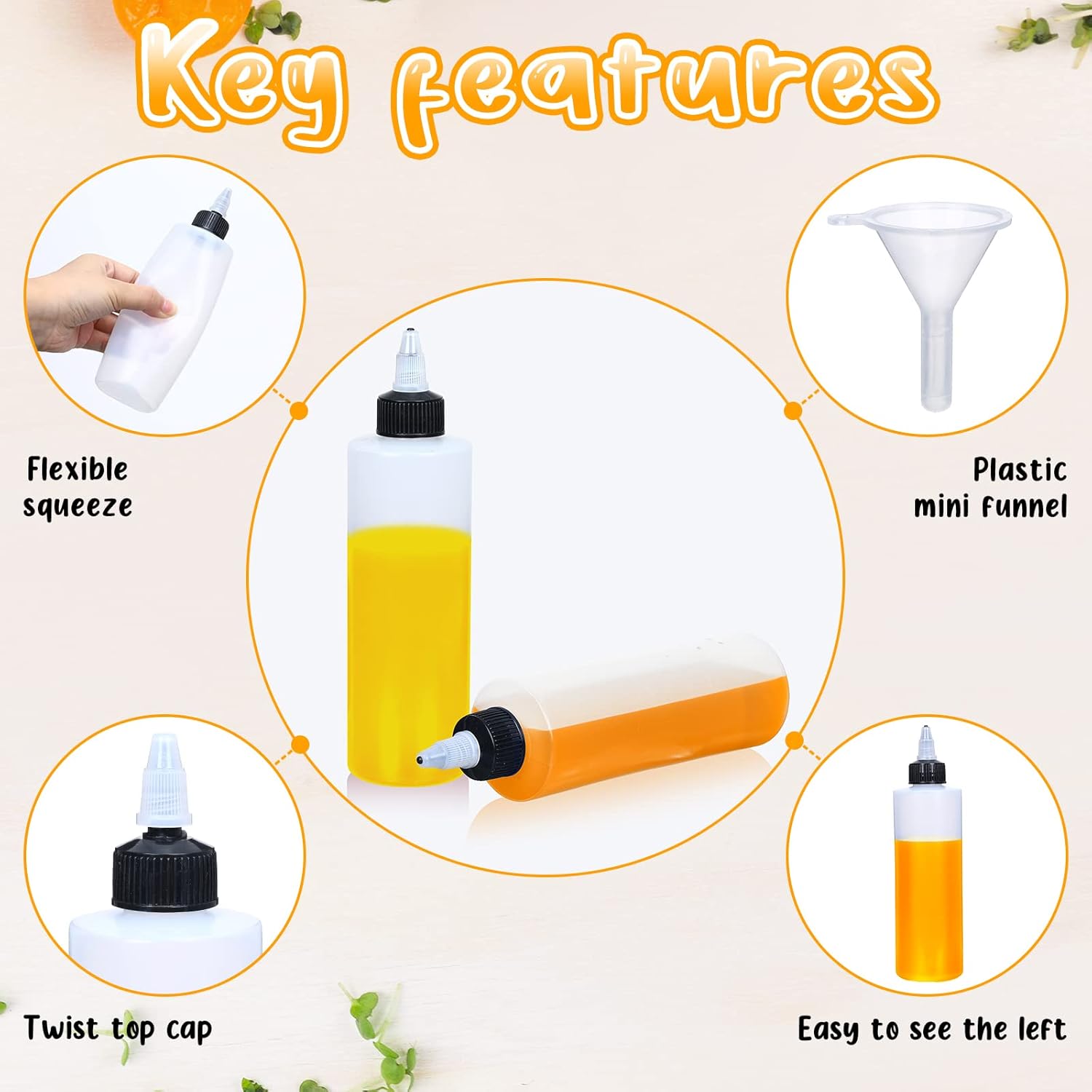 Eccliy 50 Pack 8.5 oz Plastic Squeeze Condiment Bottles with Twist on Cap Lids, Sauce Squeeze Multipurpose Squirt Bottles for BBQ Sauce Dressing Grilling Crafts Syrup Oil, 250 ml