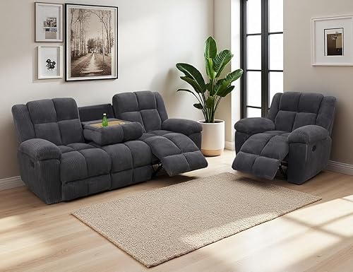 Miniatura 11 de Juego de sofá reclinable de pana, sofá reclinable manual con portavasos/mesa auxiliar, cómodos sofás reclinables de tela, juegos de muebles de sala