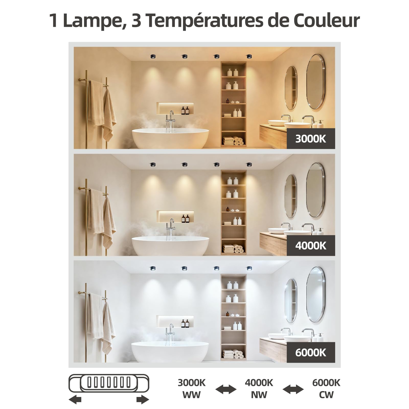 Spots LED Orientables 30° 5W 520LM 3 Couleurs IP65 Étanche Plafonnier Salle de Bain 230V IRC90+ Ø80x50mm