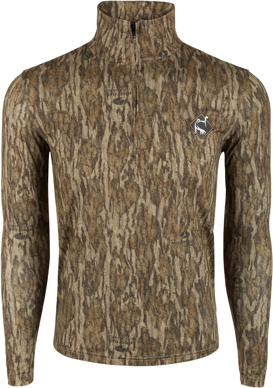 Drake Men's Ol' Tom Performance 1/4 Zip Hunting Top | Ultralight Breathable Moisture-Wicking Camouflage Long Sleeve Shirt, Mossy Oak Bottomland, L
