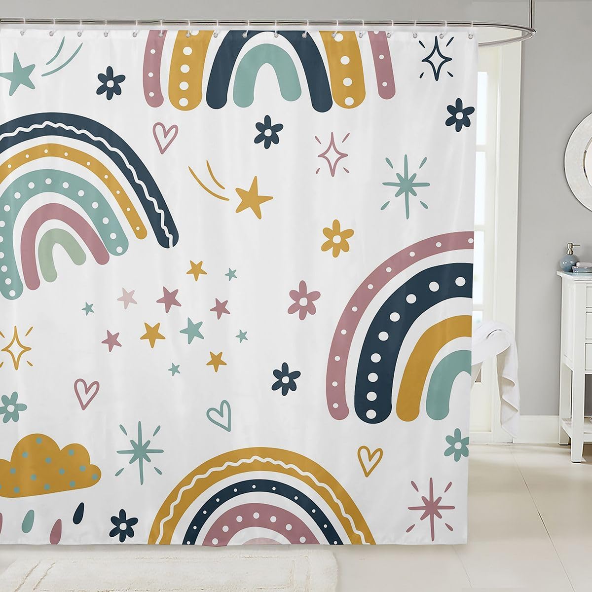 Rainbow Bath Curtain For Kids, Pink Love Heart Shower Curtain 72" W X 84" L, Kawaii Clouds Bathtub Shower Curtain, Hand Drawn Iridescent Stripes Waterproof Fabric Bathroom Accessories,White Pink Blue