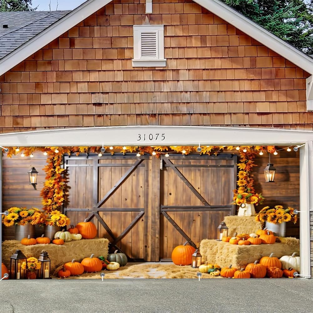 Fall Thanksgiving Garage Door Cover Decorations Banner Backdrop 7x16ft,Large Hanging 2 Car Autumn Garage Cover,Barn Wood Door Pumpkin Sunflower Backdrop for Indoor Outdoor Holiday Decorations