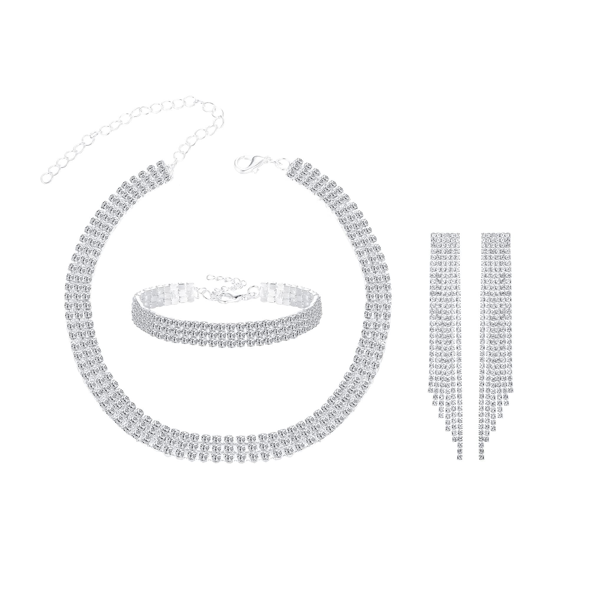 FIOROYAL Juego de Joyas de Novia para Mujer, Collar, Pendientes Colgantes, Juego de Joyas bañadas en Oro Blanco, Joyas de Cristal para Fiesta de Boda, Accesorios de Disfraz de Dama de Honor