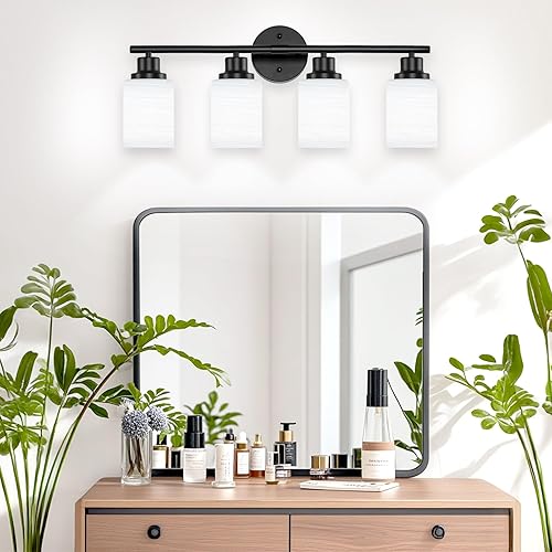 Miniatura 6 de Lámparas de baño de 4 luces, luces negras de tocador para espejo con pantalla de vidrio blanco lechoso texturizado, lámpara de pared moderna para