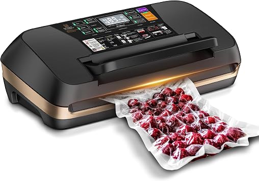95KPA Vacuum Sealer Machine, Commercial Full Automatic Food Sealer with Cutter for Meat Sous Vide, Includes 10 Pre-Cut Bags, Bag Rolls, Accessory Hose & Starter Kit, Black Gold