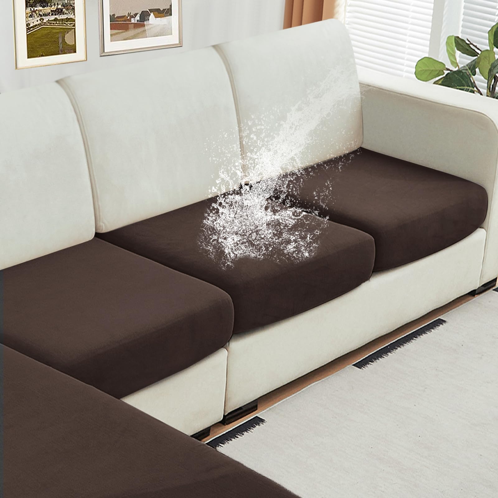 NAISI Waterproof Couch Cushion Covers Thick Velvet Fabric Washable Sofa Slipcovers 3 Pieces Individual Sectional Couch Covers with Elastic Bottom(3