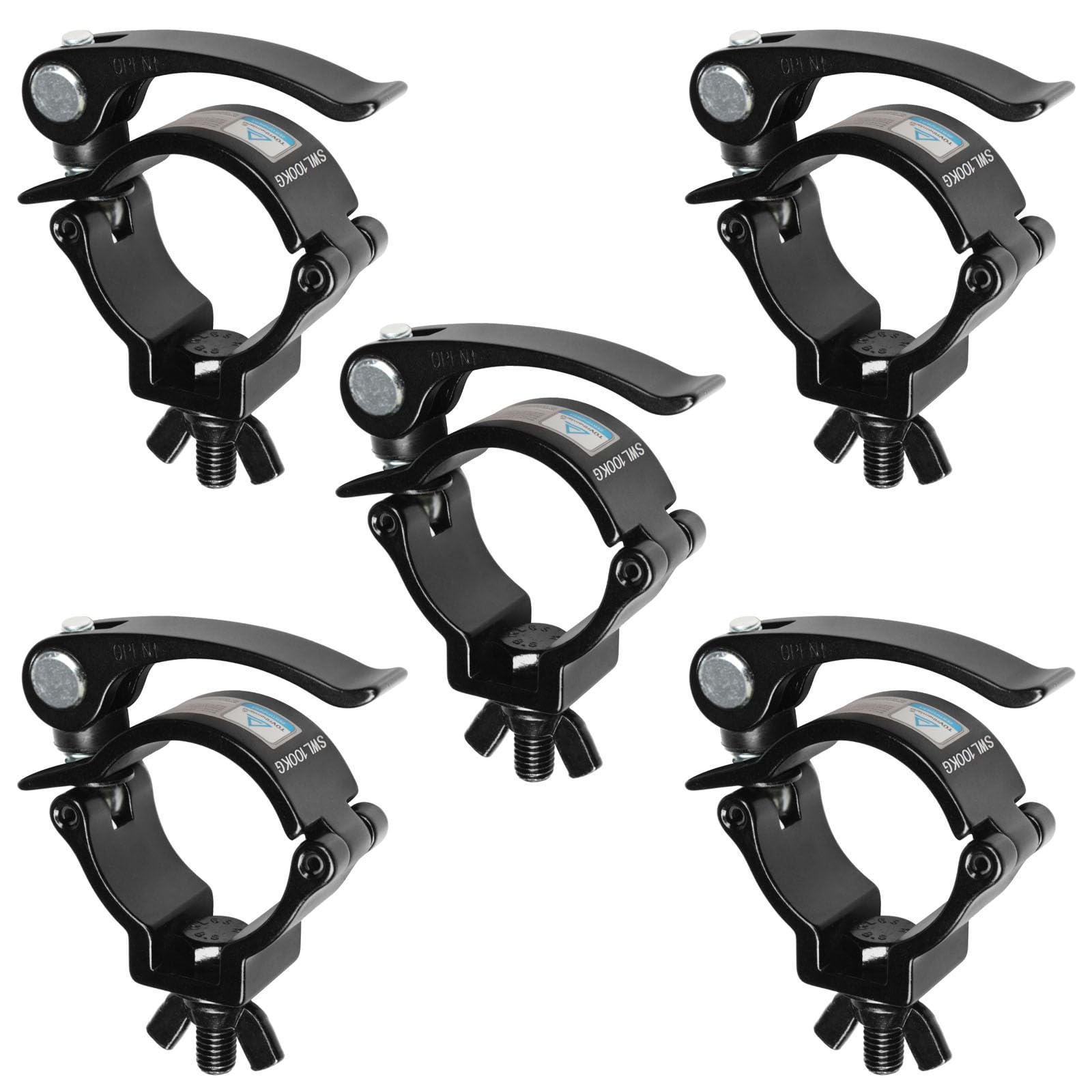 5 Pack 2" Black DJ Stage Lighting Clamps Fits F34, Heavy Duty Aluminum Truss Clamp Hook, Quick Release and Lock with TUV