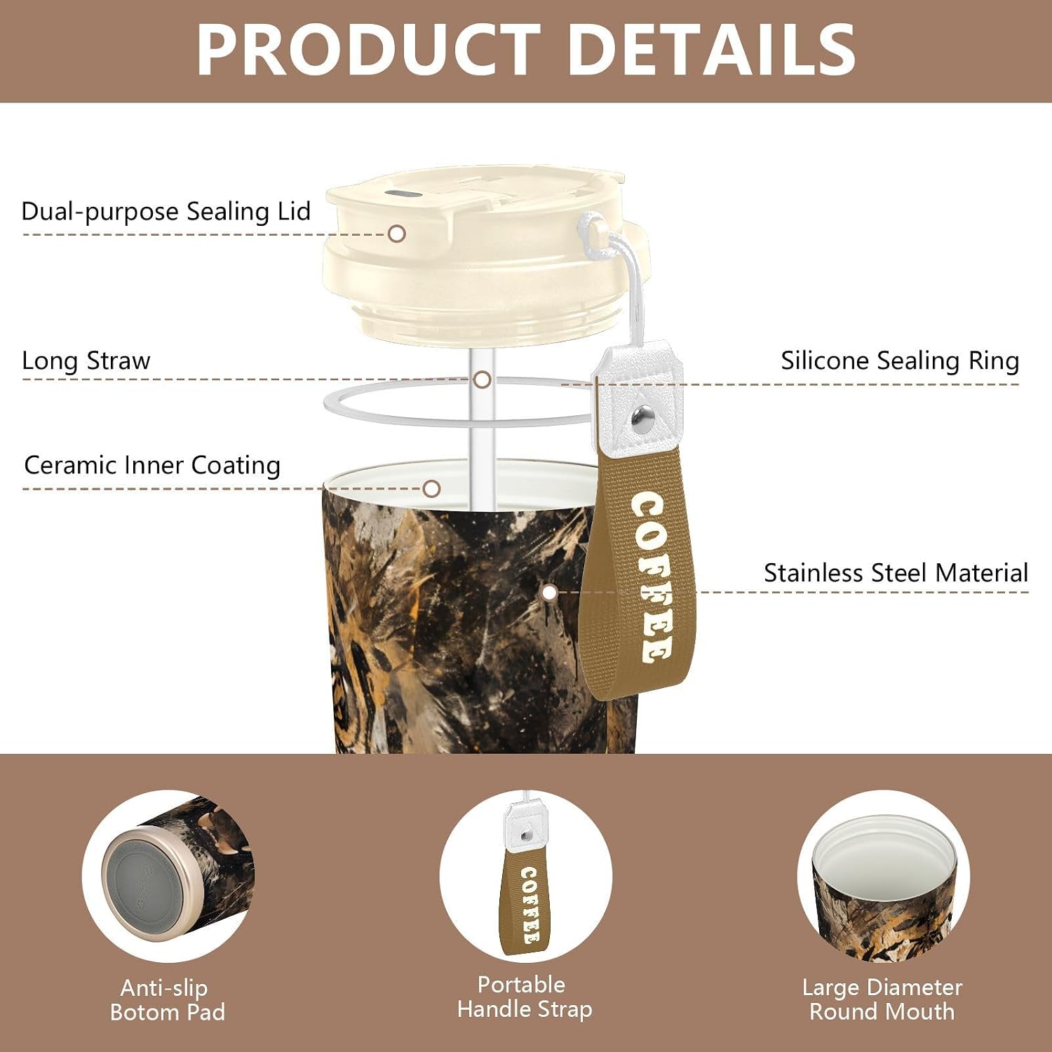Bengal Cat Portrait Brown Insulated Coffee Mug with Straw & Flip Lid, 16.9oz Iced Tumbler Cup, Double Wall Vacuum Mug for Travel Office