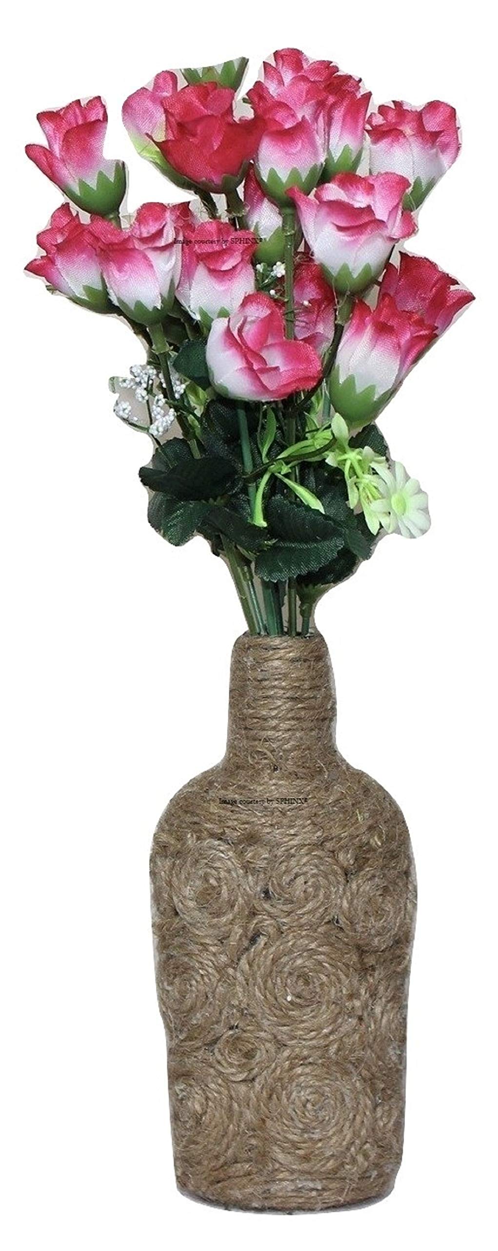 SPHINX® Handmade Upcycled Glass & Jute Twine Table top Vase/Pot (Height: 6.5 Inches/17 cms) with flower bunch for decoration - COLOR AS PER STOCK- 1 Piece - KINDLY CHECK PRODUCT SIZE AND DETAILS CAREFULLY (SV17CMFLT)