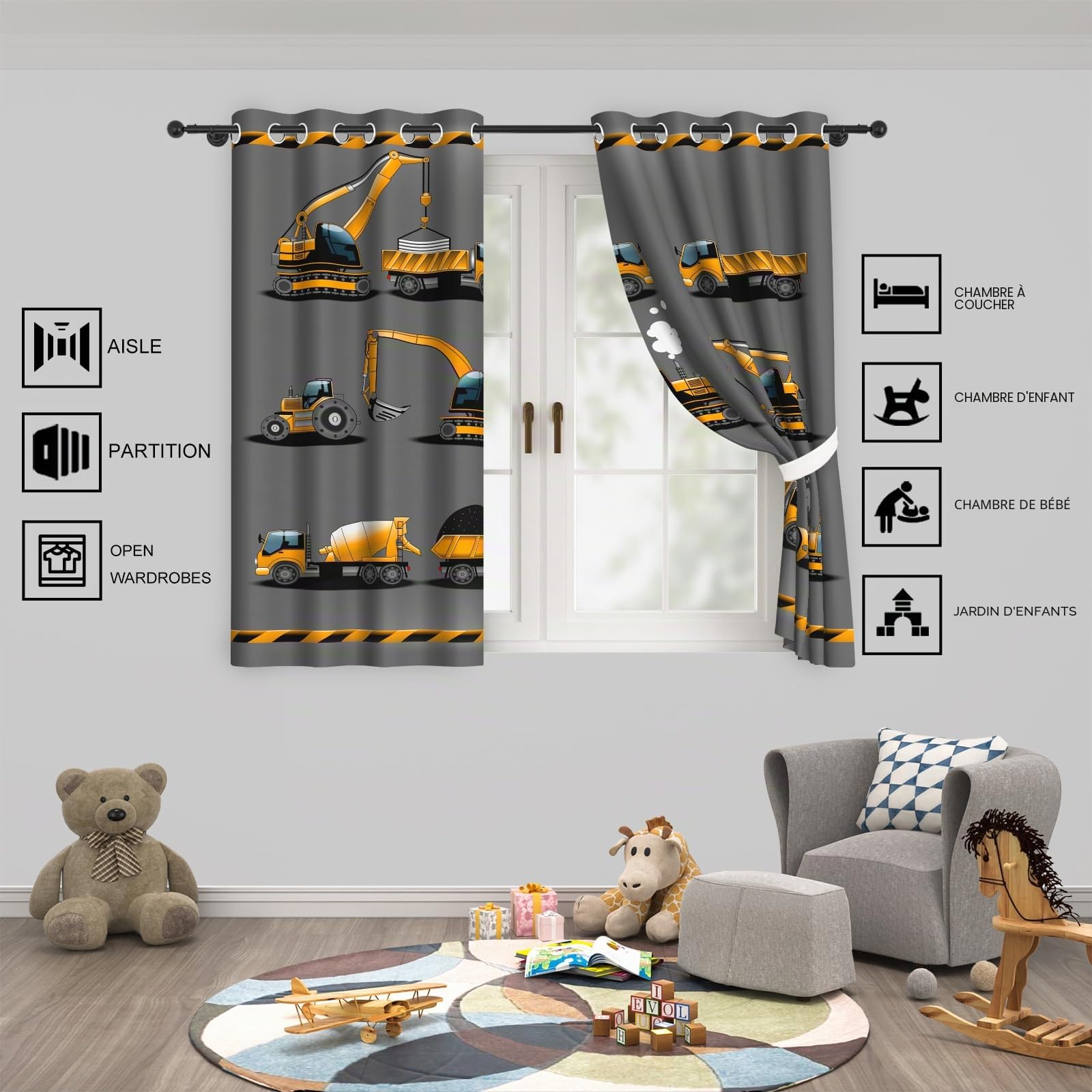YONGFOTO Rideaux Occultants Camions Chambre d’Enfant Garçon Jaune Chantier | Véhicules Voiture Tracteur Camion Bulldozer Rideaux Thermiques pour Chambre d’Adolescent avec Œillets 2 Panneaux 117 x 138 cm