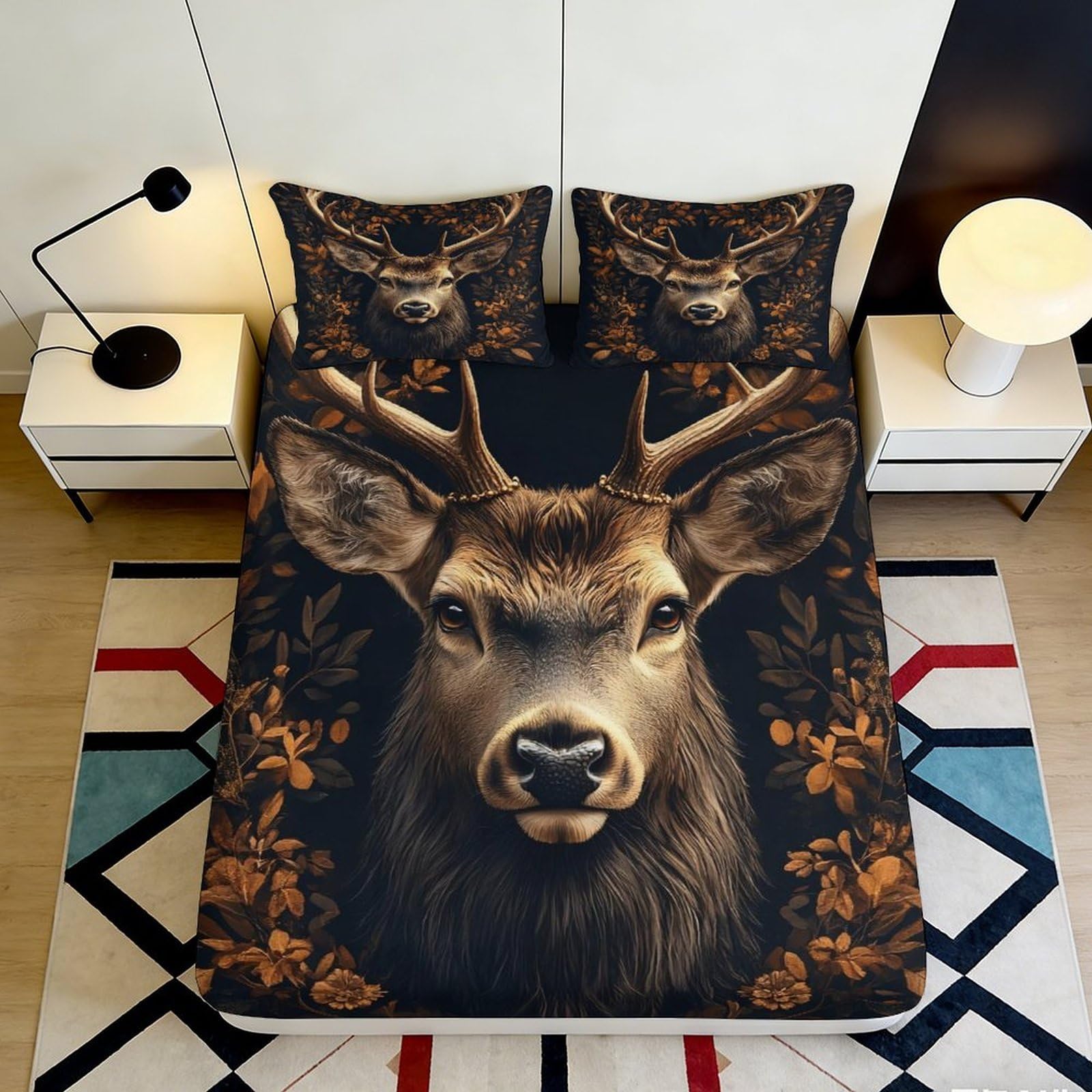 3D Printed Deer Forest Fitted Sheet Microfiber Soft Durable Autumn Leaves Bed Cover for Bedroom Guest Room Decor 90x200x25cm