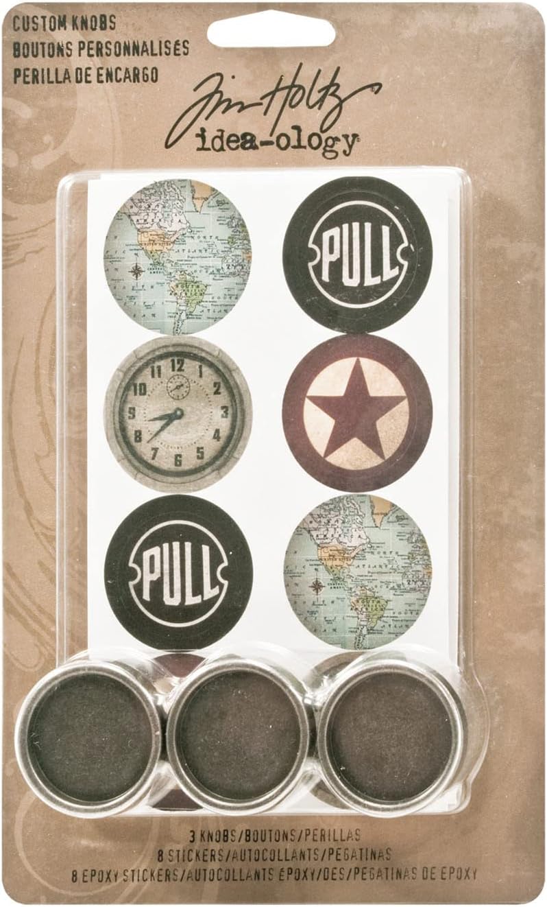 Tim Holtz Idea-ology Metal Custom Knobs with Stickers by , 3 per Pack, 1-1/4 Inch, 16 Stickers, Assorted Colors, TH93124