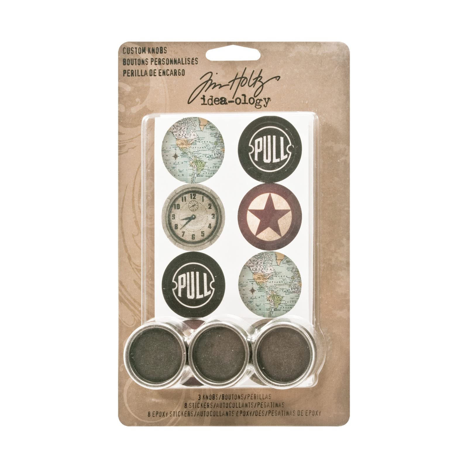 Tim Holtz Idea-ology Metal Custom Knobs with Stickers by , 3 per Pack, 1-1/4 Inch, 16 Stickers, Assorted Colors, TH93124