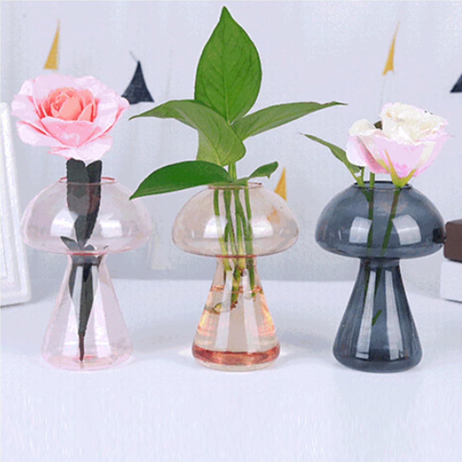 Glasvasen In Pilzform – 5 Stück, Mehrfarbig, Für Hydrokultur & Deko, 9x12 Cm