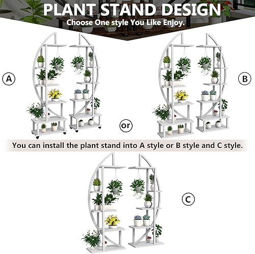 Miniatura 2 de 2 soportes de metal de 6 niveles altos para plantas de interior con ruedas desmontables, soporte para plantas para espacios exteriores con lazo