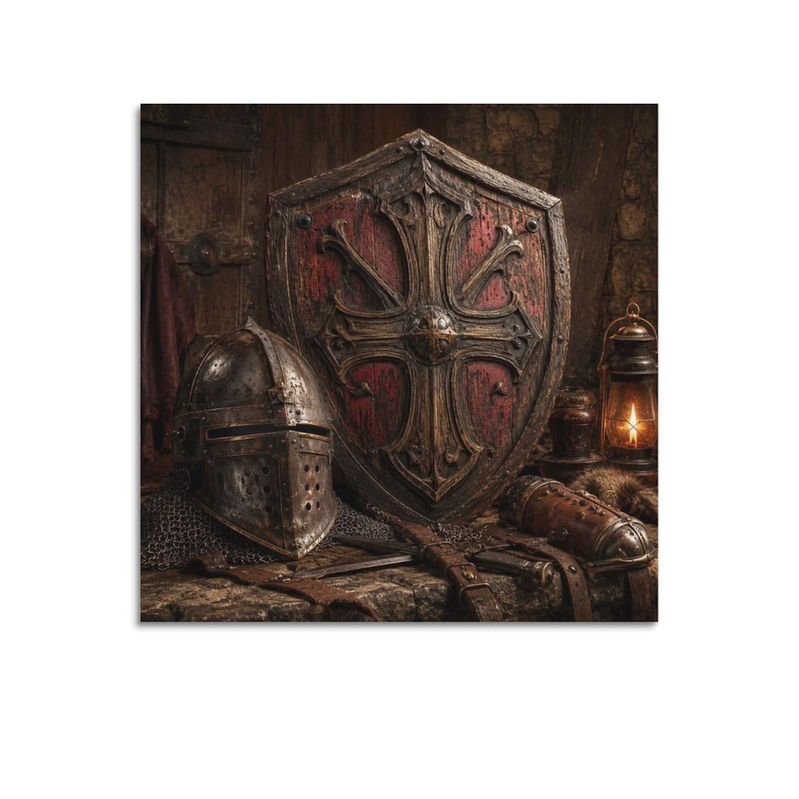 XKUGA Rustic Tavern Knight Helmet Shield Gothic Poster Relief Armor Modern Decorative Canvas Prints - Ideal Wall Art for Family, Man Cave, Game Room, Boys & Girls Bedroom 20x20inch(50x50cm)