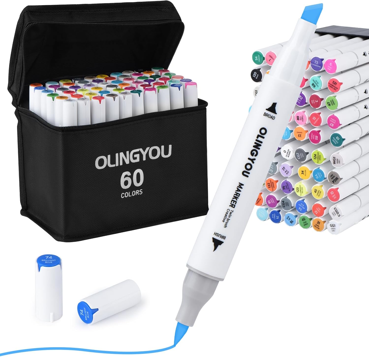 OLINGYOU alcohol markers brush tip, 60 Colors Brush & Chisel Permanent Alcohol Markers Set, Dual Tip Art Markers Set for Adult Coloring Book