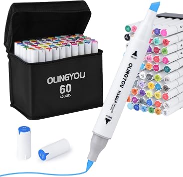 OLINGYOU alcohol markers brush tip, 60 Colors Brush & Chisel Permanent Alcohol Markers Set, Dual Tip Art Markers Set for Adult Coloring Book