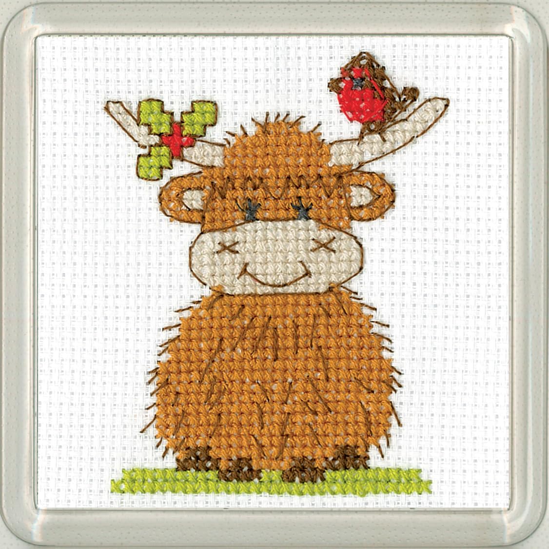 Heritage Crafts N/A Christmas Coaster Cross Stitch Kit - Highlad Cow Christmas Robi & Holly Coaster - Kirste Roche Desigs