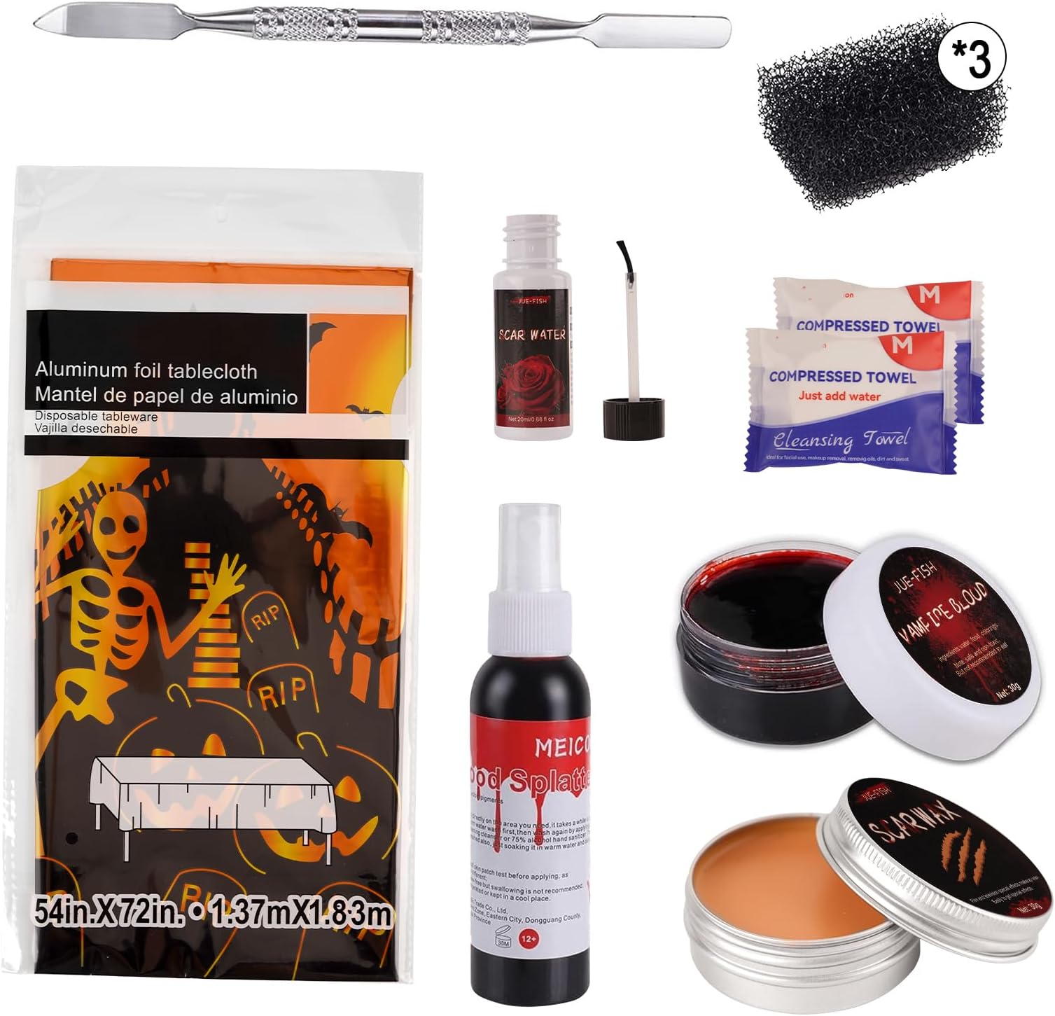 Halloween SFX Makeup Kit Scary Face Special Effects Makeup Kit Fake Blood Spray, Skin Wax, Spatula, Black Stipple Sponge, Coagulated Blood Gel, Castor Sealer 2Pcs Compressed Towels, Tablecloths