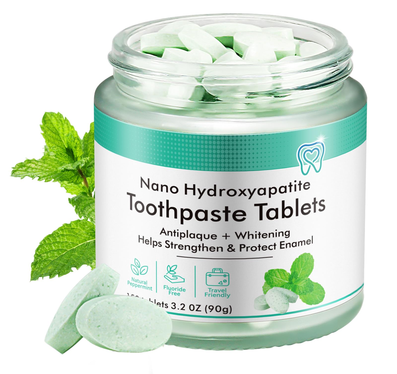 Toothpaste Tablets, Natural Peppermint Toothpaste Tabs, 150 Mouthwash Whitening Bite Tablets for Teeth, Fluoride-Free