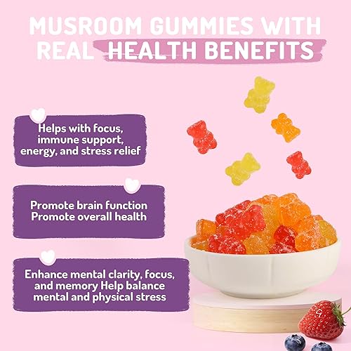 Miniatura 3 de Ashwagandha & Gomitas de hongos de 500 mg  Complejo premium de 8 hongos (Reishi, melena de león, Cordyceps + 5 más)  Gomitas de hongos para