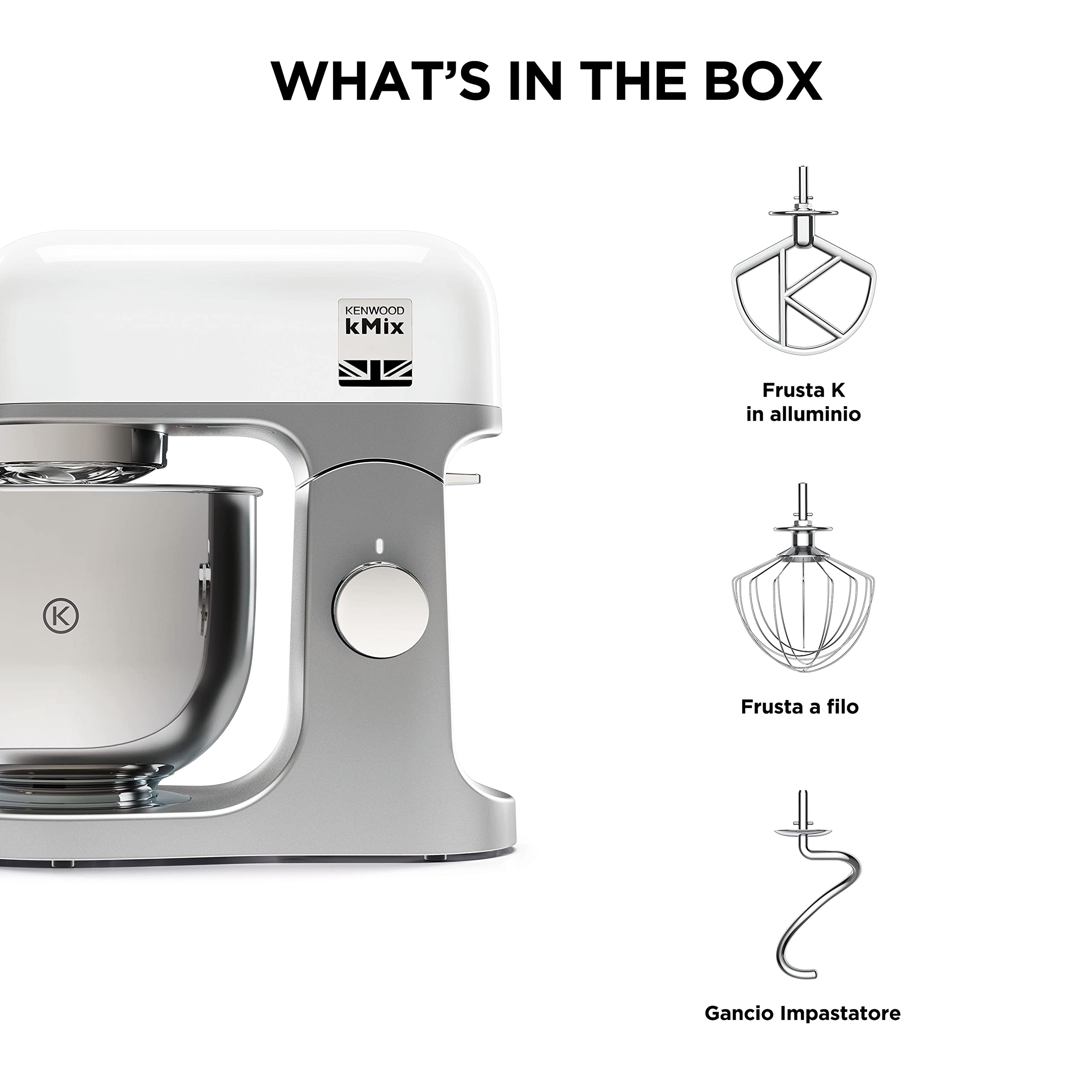 Kenwood KMX750WH KMIX Impastatrice Planetaria con Ciotola con Manico in Acciaio 5L, 3 Ganci di Miscelazione, Potenza 1000W, Personalizzabile con Oltre 20 Accessori Acquistabili Separatamente, Bianco