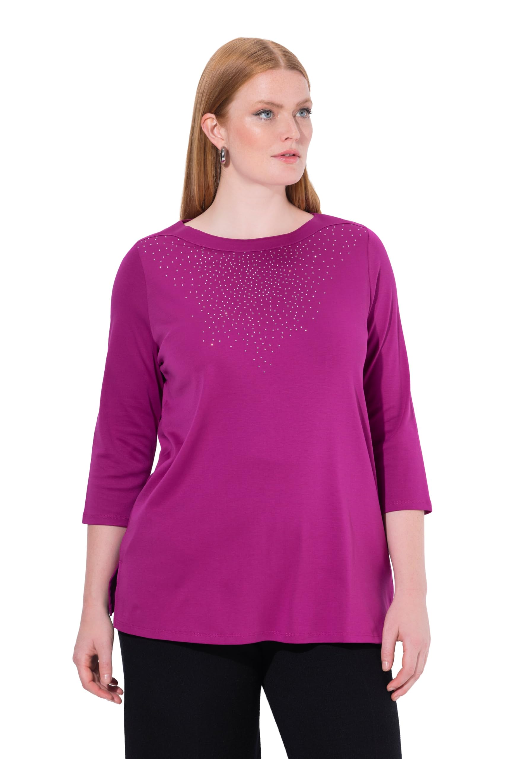 Ulla Popken Damen große Größen Übergrößen Plus Size Shirt, Ziersteine, U-Boot-Ausschnitt, 3/4-Arm, Pima Cotton 844951