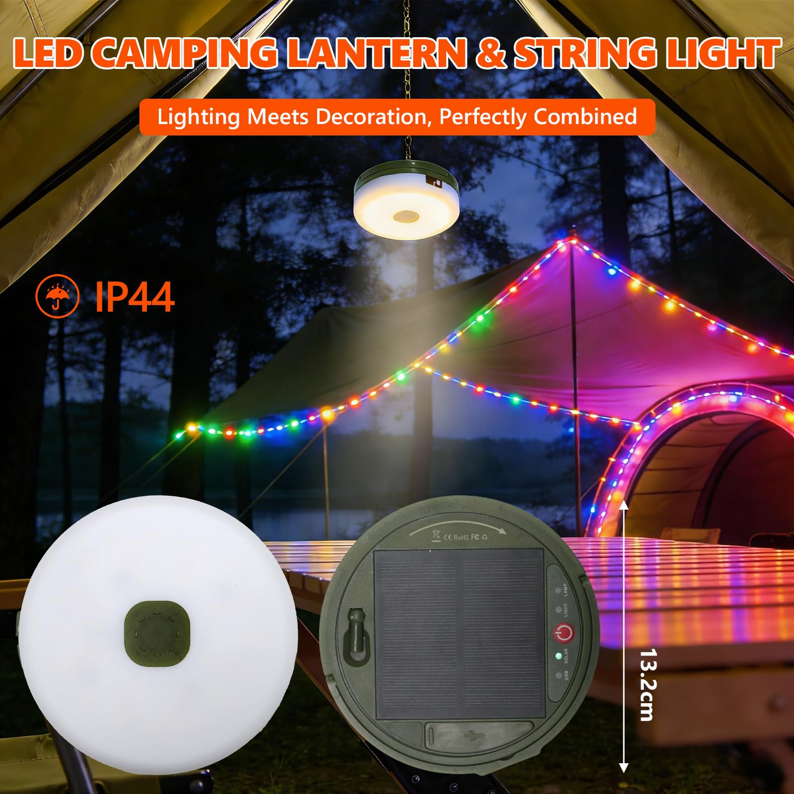 Cadena de luces de camping enrollable solar, 10 m, 3600 mAh, lámpara de camping con mando a distancia, USB, recargable, cadena de luces LED con 5 modos de iluminación, luz exterior para camping