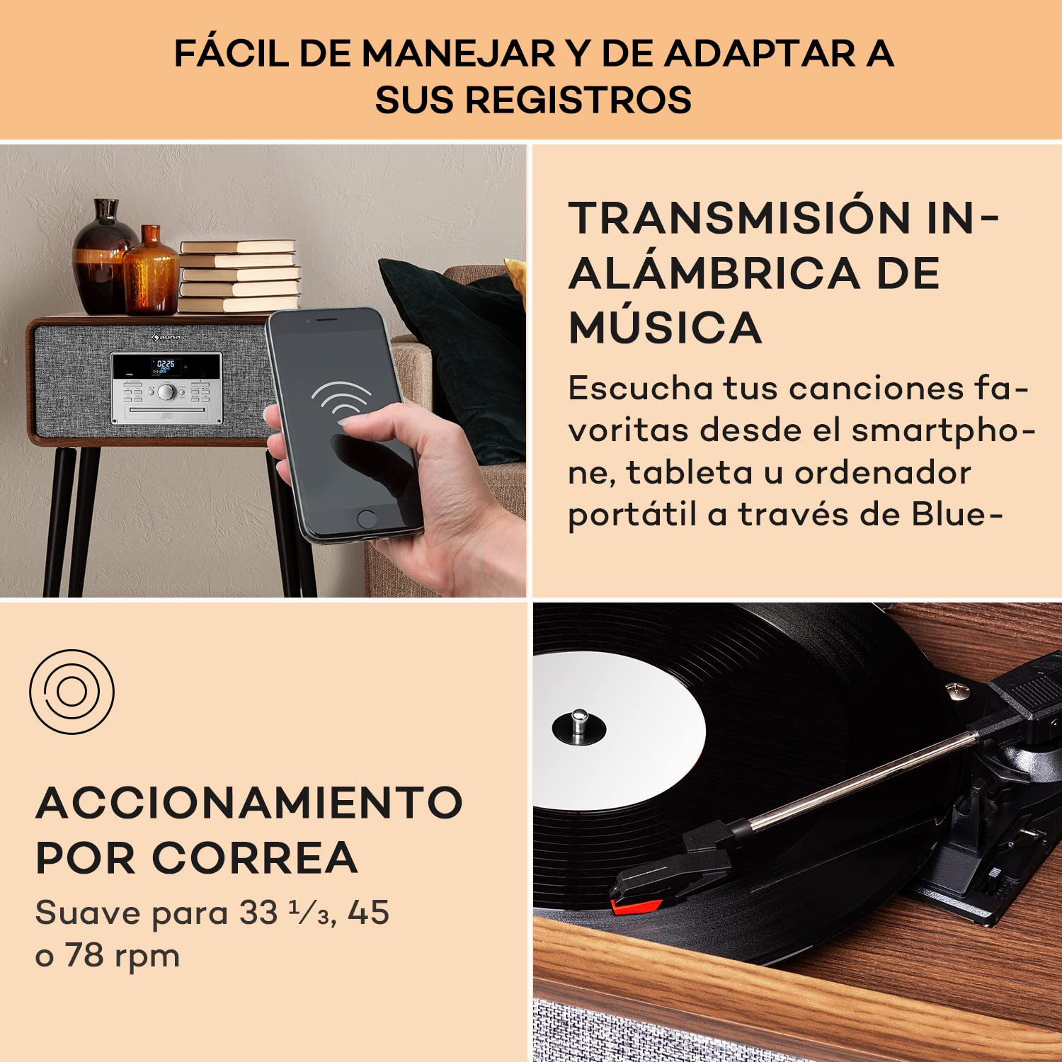 Auna Tocadiscos de Vinilo Vintage con Bluetooth, CD, USB, Altavoces Estéreo, Dab+/FM Radio y Sonido Potente