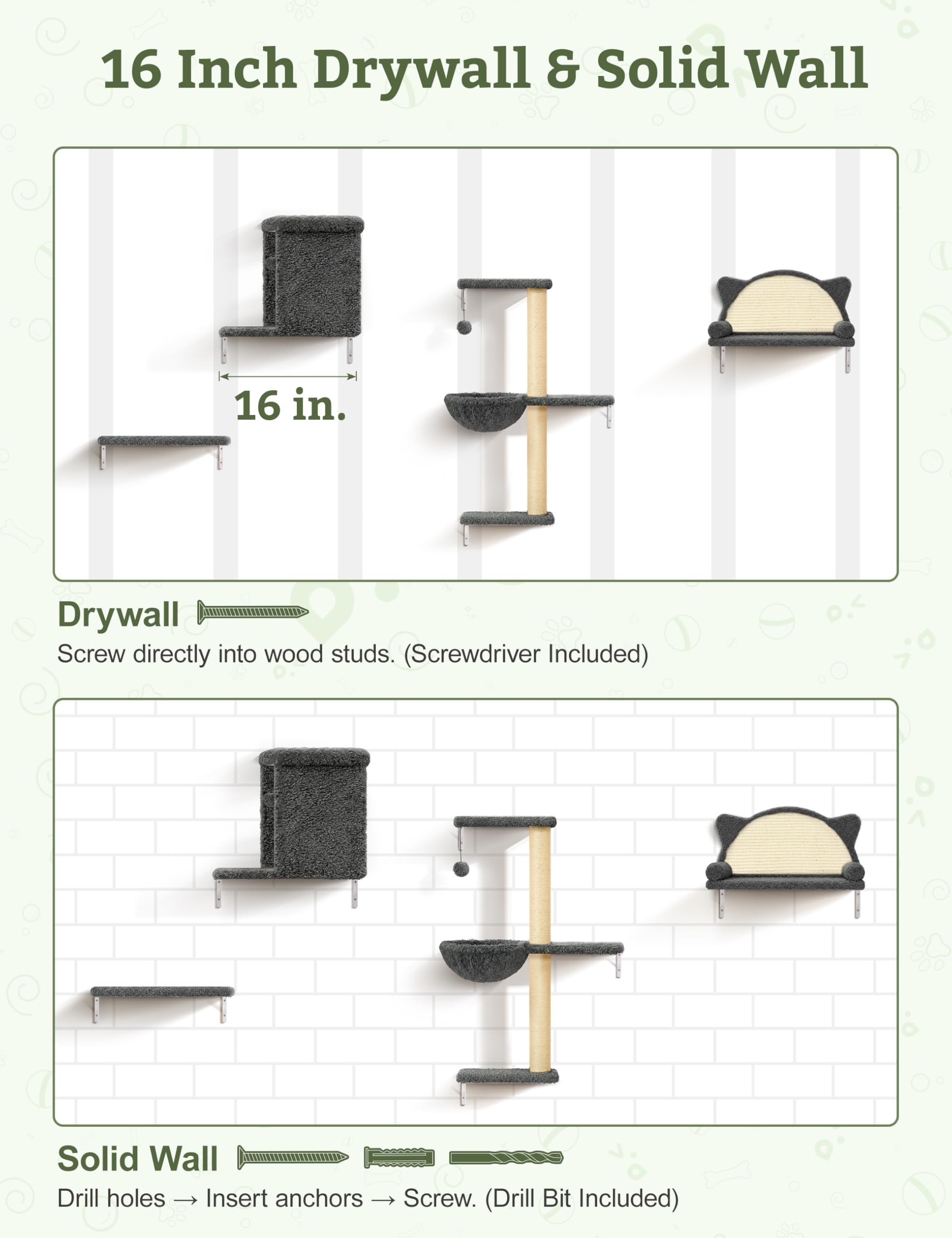 5-in-1 Cat Wall Shelves, Solid Wood & Velvet & Sisal Scratcher, 44lbs Max Load, Wall Mounted Cat Furniture for Climbers, Cat Climbing Wall System, Fits Drywall & Solid Walls - Dark Gray - image 7