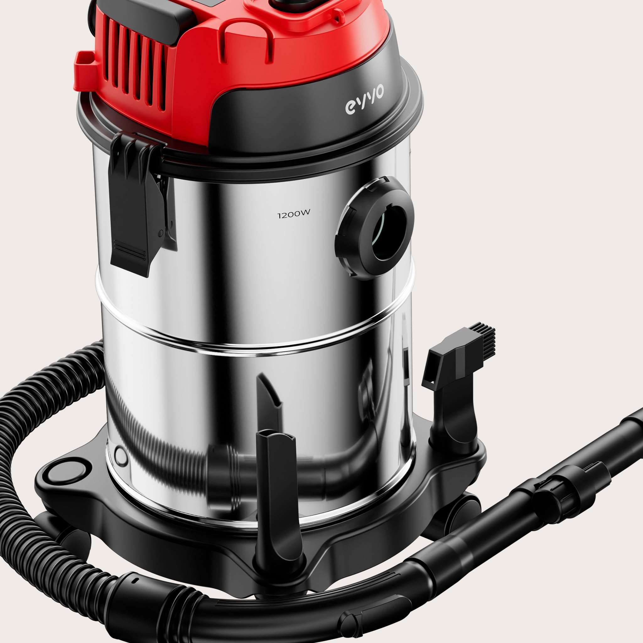 EVVO Aspirador de Sólidos y Líquidos – Aspiradora Wet & Dry, Depósito INOX, Filtro HEPA F7, Función Soplado con Válvula, Aspiradora Potente para Hogar, Taller y Coche (1200, Vatios)