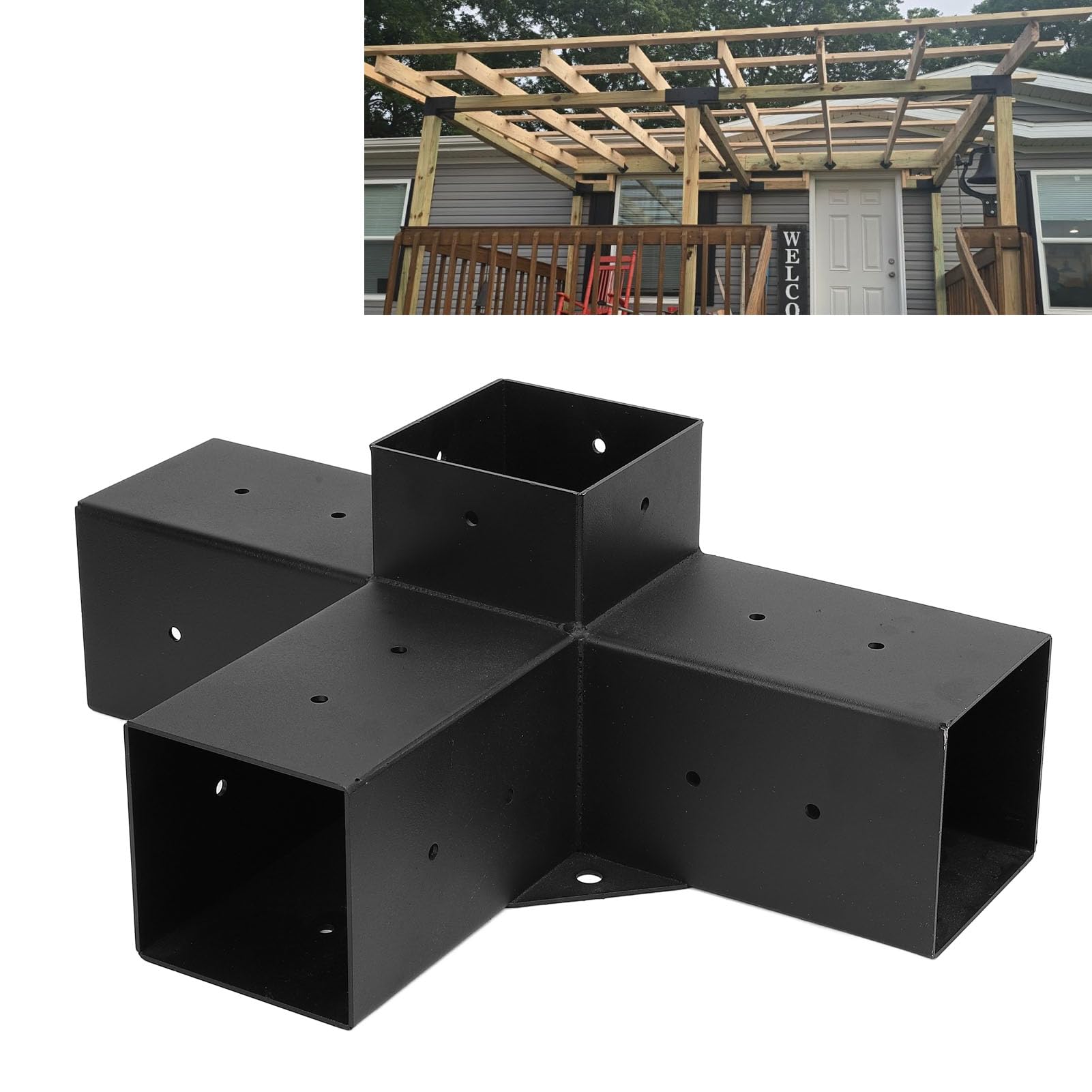 Soporte de pérgola galvanizado resistente, soporte para postes de pérgola totalmente soldado, soporte para postes de madera con recubrimiento de polvo para postes de madera (#3)