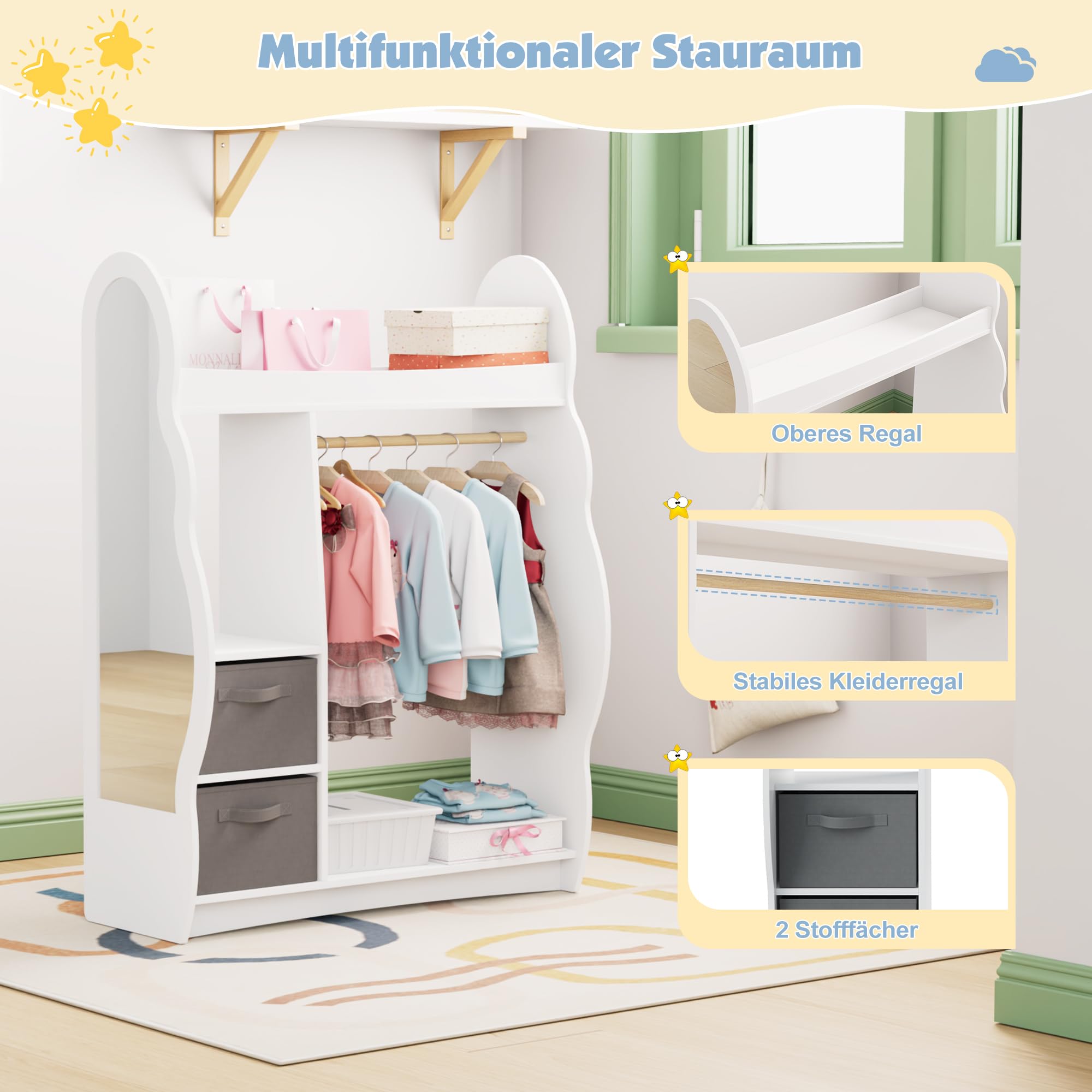 KEEPREAPER Kinder Kleiderschrank Kinderkleiderständer mit Boxen, Kleiderstange, Spiegel und Ablagen, Kindergarderobe aus Holz, Kinderregal 81 x 28 x 106,5 cm (Wolken mit 2 Schubladen, Weiß)