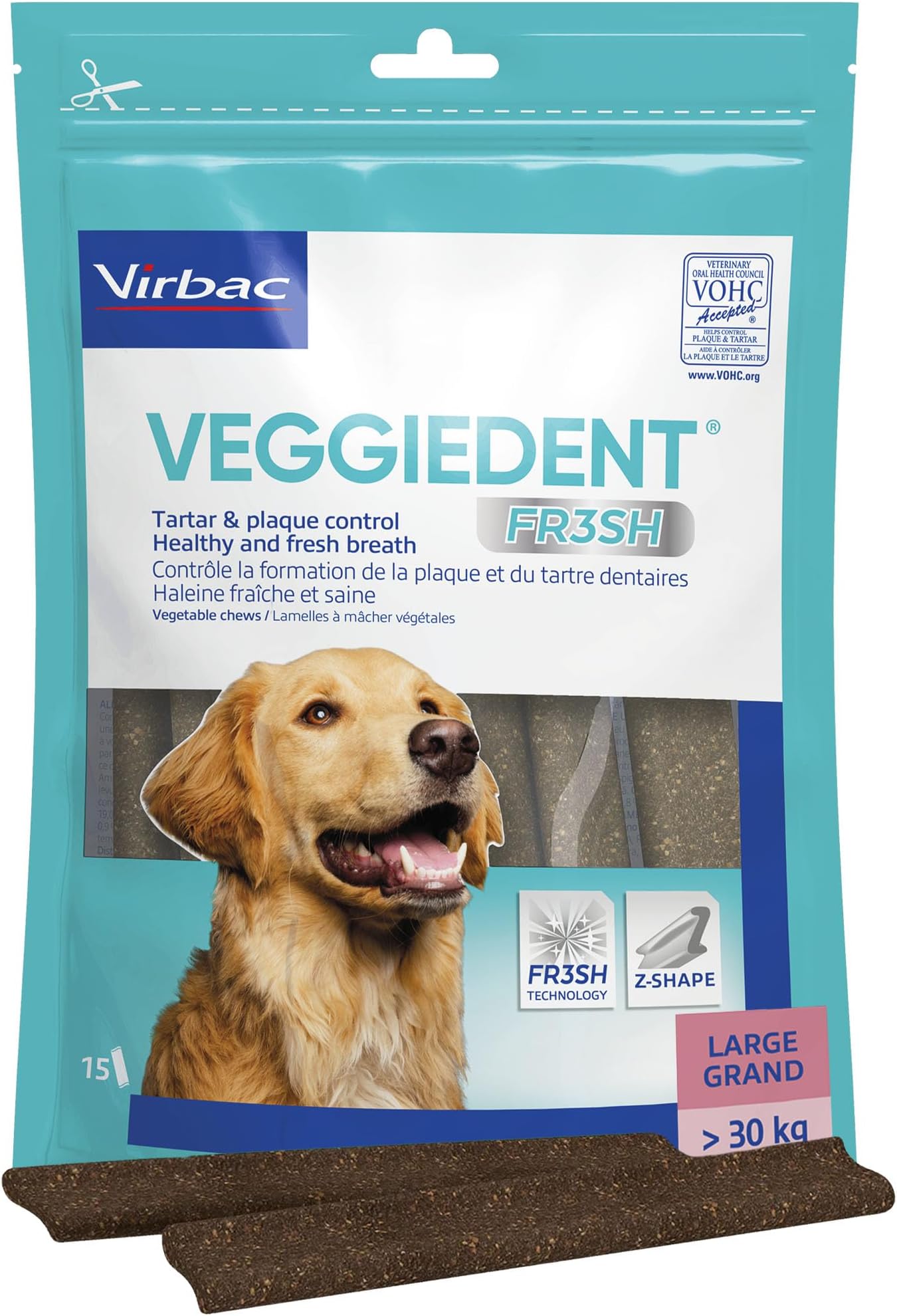 Veggiedent FR3SH Dog Dental Chews - Dog Teeth Cleaning and Breath Freshening Treats for Large Size Pets and Puppies >30kg - 15 Chews