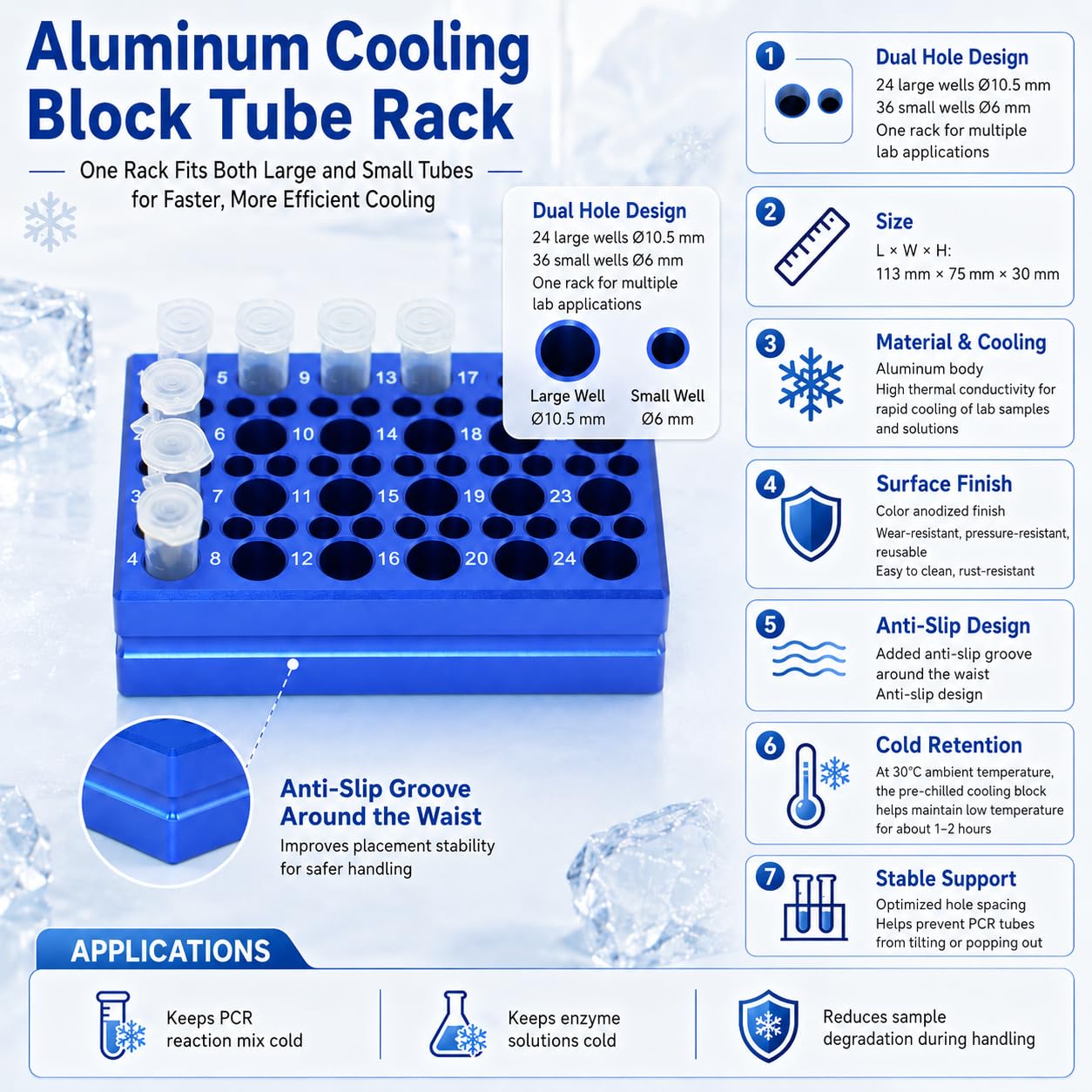 1 PCR Reagenzglasregal mit Aluminium-Kühlblock, 24 Vertiefungen für 1,5 ml/2 ml Tuben, 36 Vertiefungen für 0,2 ml PCR Tuben