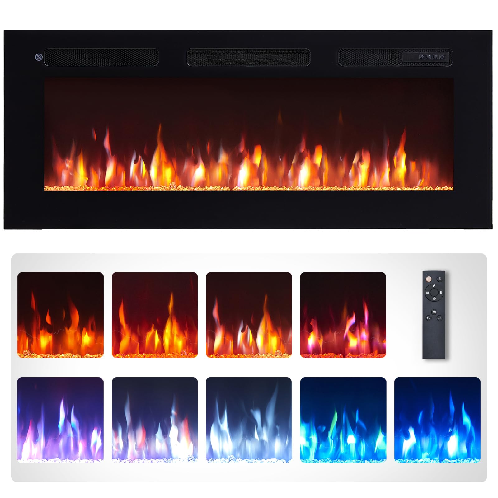 Flameko Black Wilton 40"/102Cm Electric Fireplace, Wall Mounted, Recessed, 9 Colour Flame Effect, Media Wall Compatible, 900W - 1800W Heater, Remote Control