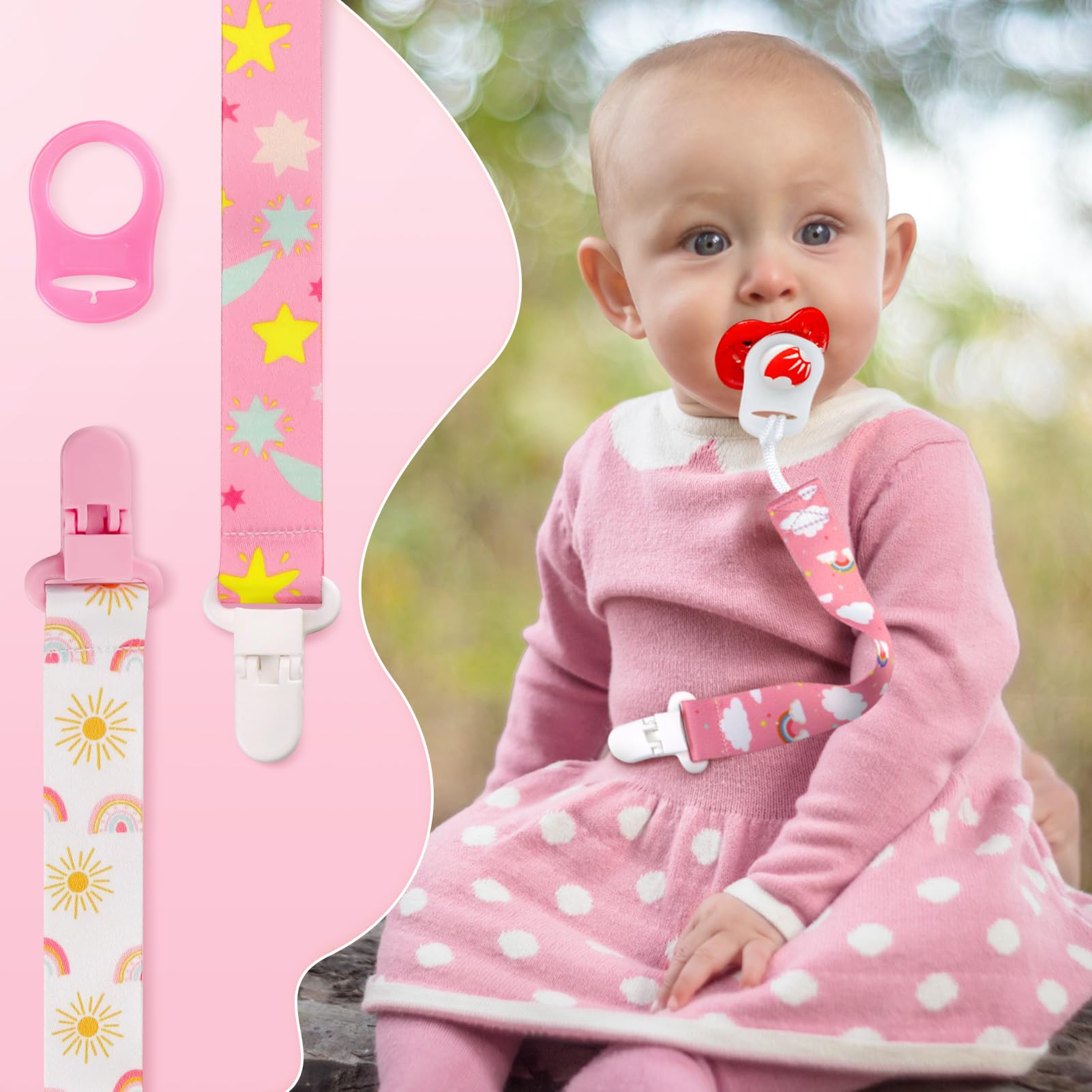 4 Pezzi Ciuccio Catena per Bambini, Catenella Porta Ciuccio con 4 Pezzi Ciuccio Clip Adattatore per Neonato per Nascita Battesimo Baby Compleanno Natale Regalo (rosa)