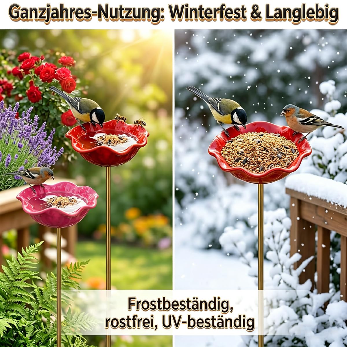 Vogeltränke Blume, Bienentränke Keramik mit Bodensteckdose - Bienentränke Gartenstecker & Insektentränke, Wasserschale und Vogelfutterstelle, Dekorative Keramikblüten Blumenstecker (A2)