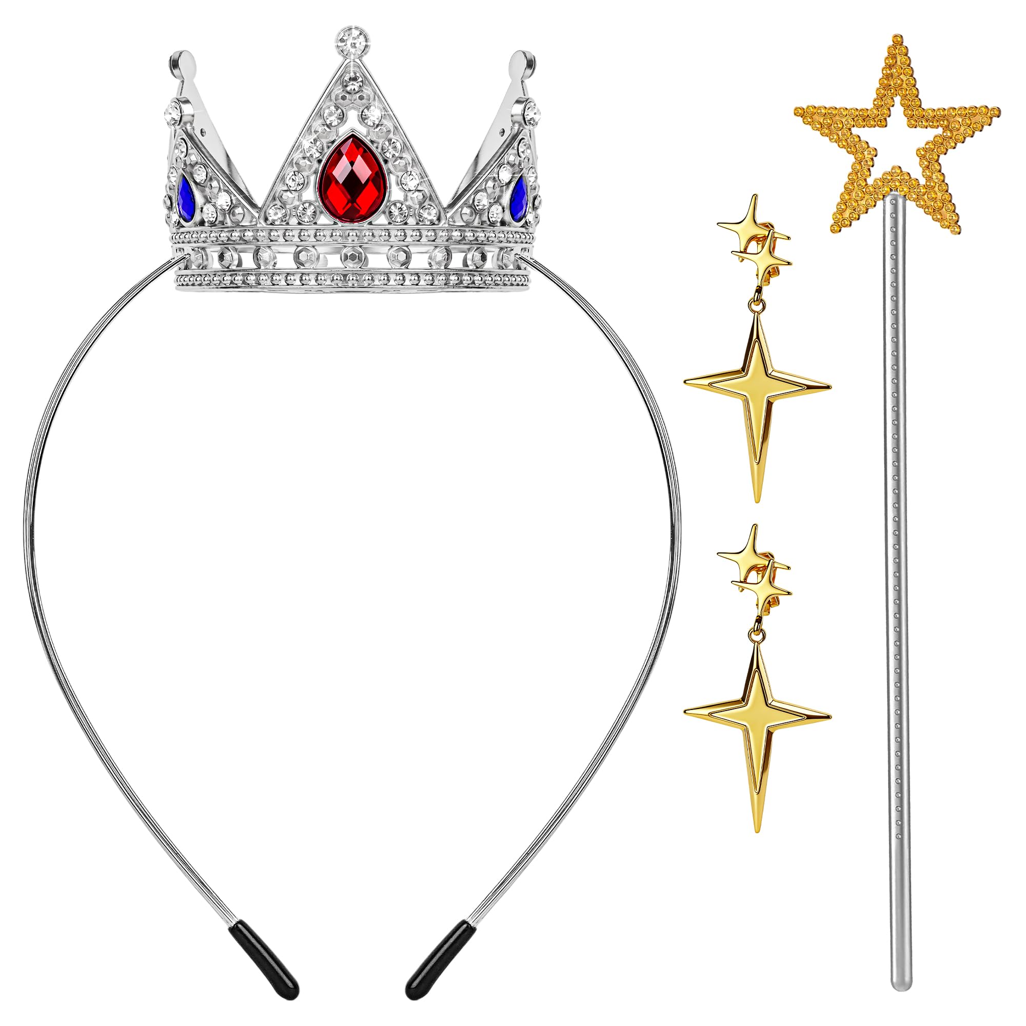Goenb Princess Crown Accessories Set, Princess Costume Accessories with Crown Wand Clip On Earrings Princesses Dress Up for Women for Halloween Cosplay Birthday Party